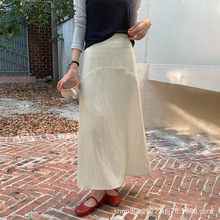 亚麻半身裙子女夏遮肚中长款显瘦高腰垂感气质A字开叉裙大裙摆