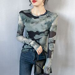 欧货网纱水墨复古印花打底衫女夏季新款修身百搭洋气长袖T恤上衣