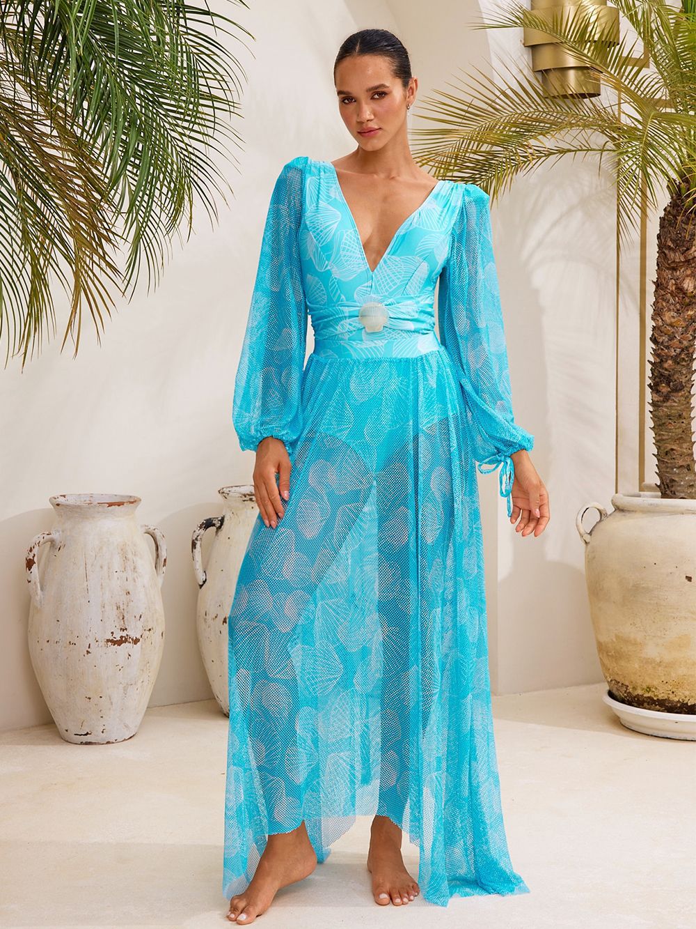 Dambadkläder v-ringad mesh långärmad glansig one piece_voghion.com