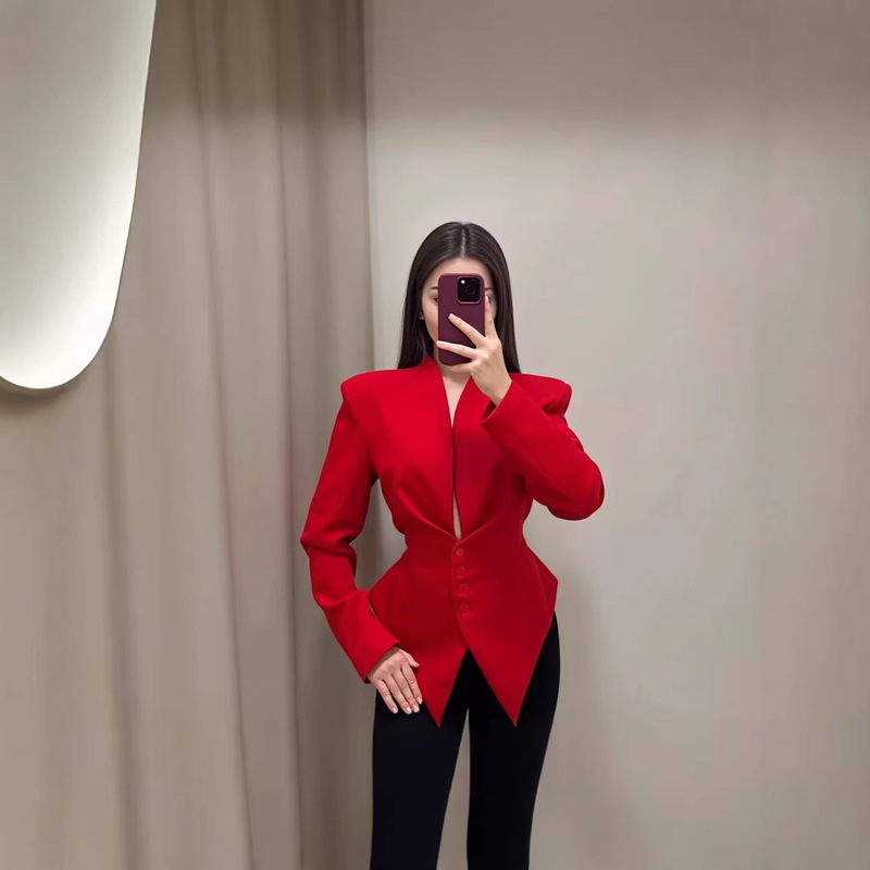 European and American Style Women's Fashion, Elegant and Slim-Fit Asymmetrical Blazer with Tie Waist and V-Neck European and American Style Women's Fashion, Elegant and Slim-Fit Asymmetrical Blazer with Tie Waist and V-Neck