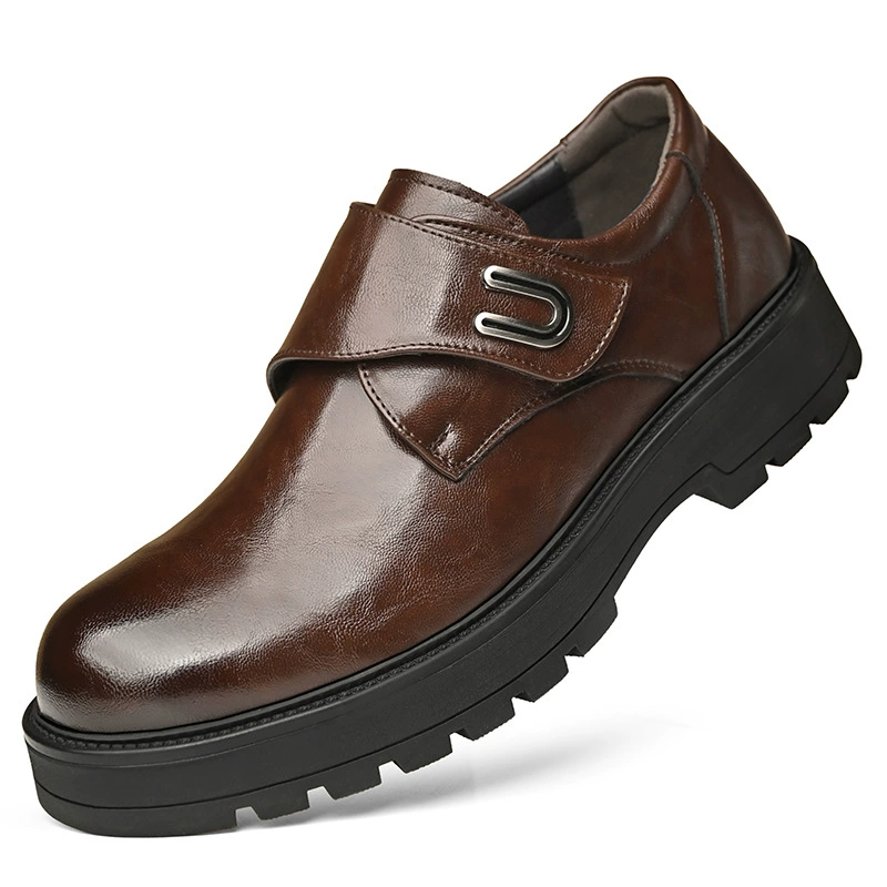 Повседневная кожаная обувь мужская весна 2025 новый деловой стиль черный толстый подошв увеличенные круглые туфли мужские кожаные туфли