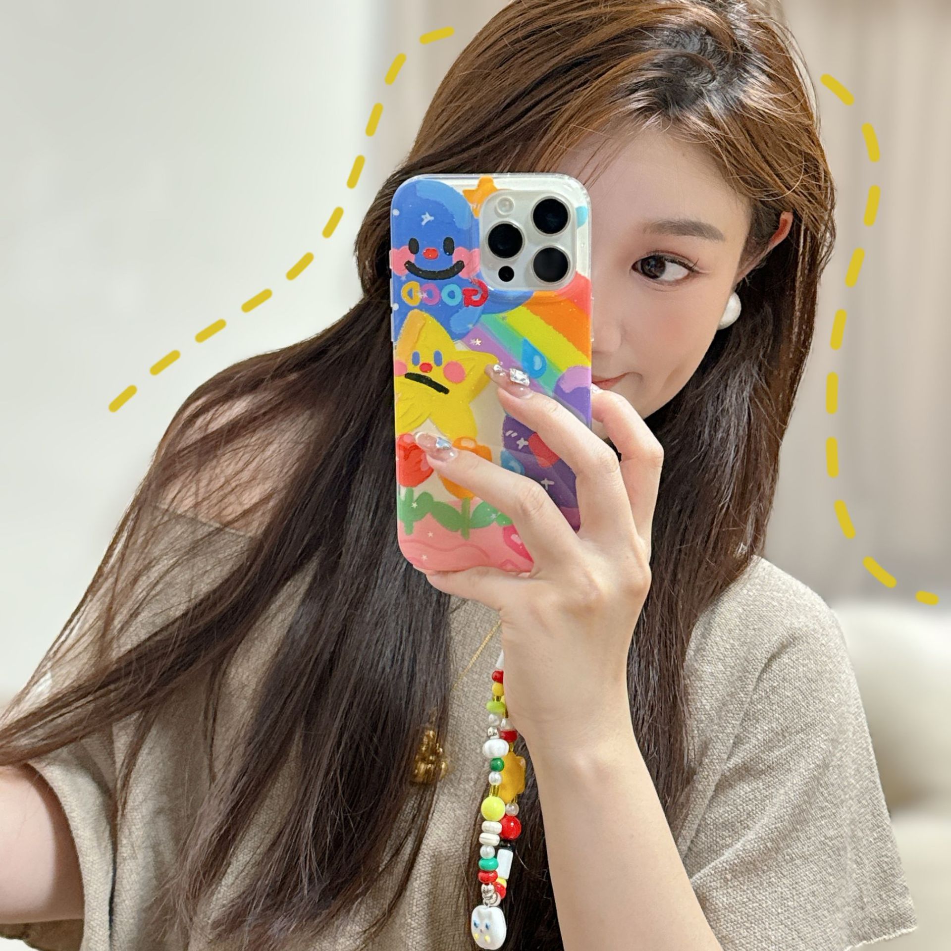 Personalidad Rainbow Star Graffiti Adecuado para Apple 16ProMax Funda para teléfono móvil 15Pro Pareja 14/13 Cadena 15Pm