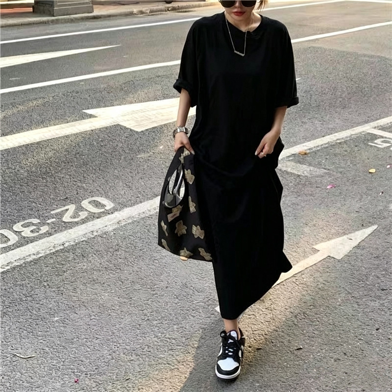 Korean-Style Plus-Size Summer Long Dress for Chubby Girls, Round Neck, Slit, Loose Fit, Popular Style, Long Over-The-Knee Home Casual Dress