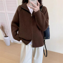跨境加厚慵懒风毛衣外套女秋冬新款纯色立领拉链针织开衫上衣现货