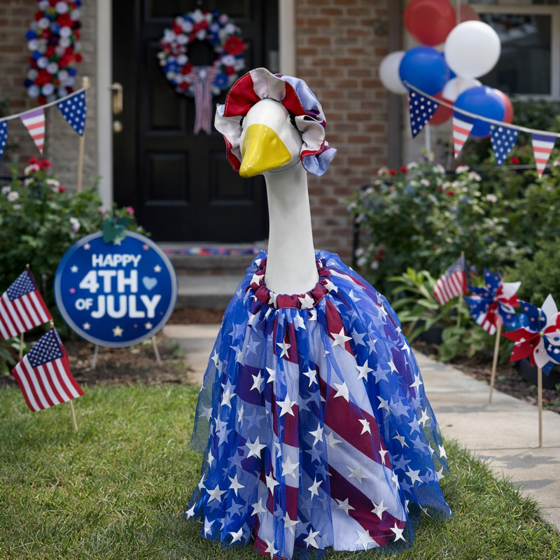New Cross-Border American Independence Day Porch Outfit with Goose Dress, Tulle Skirt Set, Puffy Skirt, and Hat for a Quirky Garden Festival Costume New Cross-Border American Independence Day Porch Outfit with Goose Dress, Tulle Skirt Set, Puffy Skirt, and Hat for a Quirky Garden Festival Costume