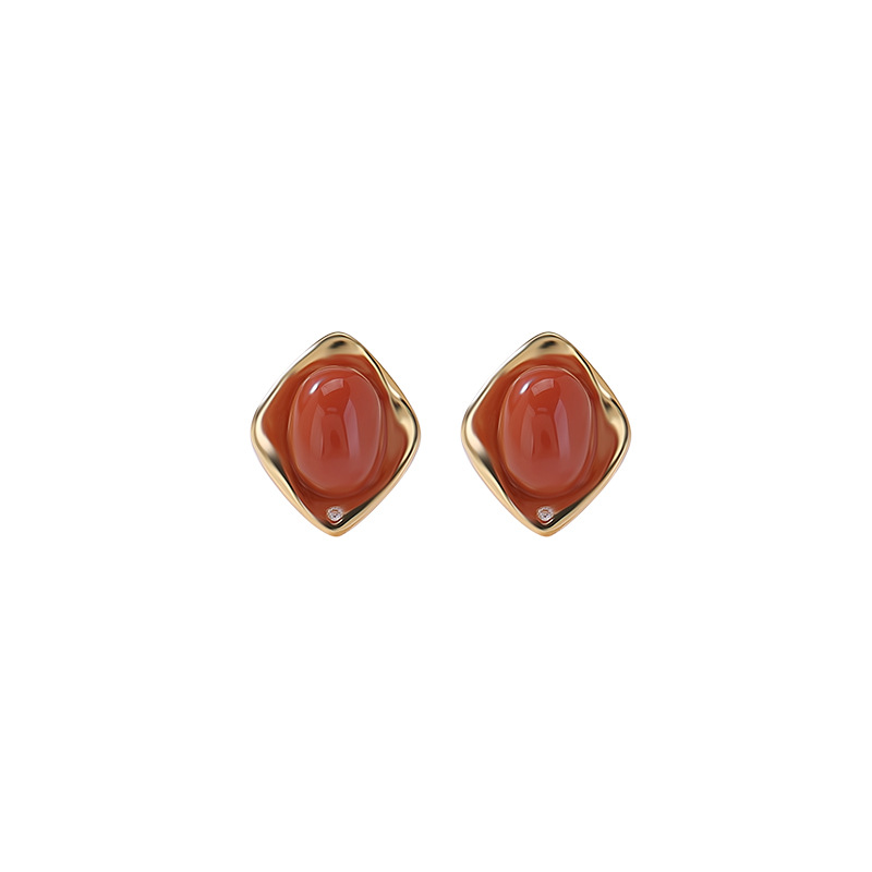 Bông tai bạc S925 mạ vàng đính mã não đỏ hình trứng vuông phong cách retro — Mô hình sáp ong