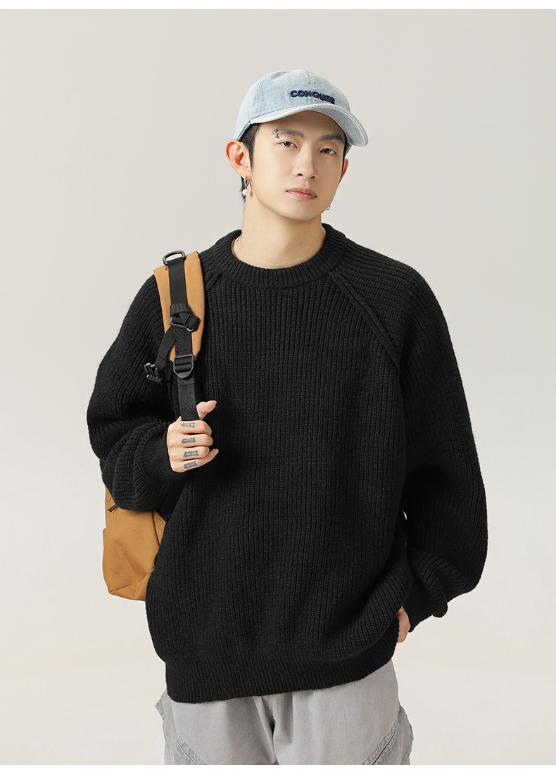 Monochrome 3d Shoulder Texture Men's Round Neck Knitted Sweater_voghion.com
