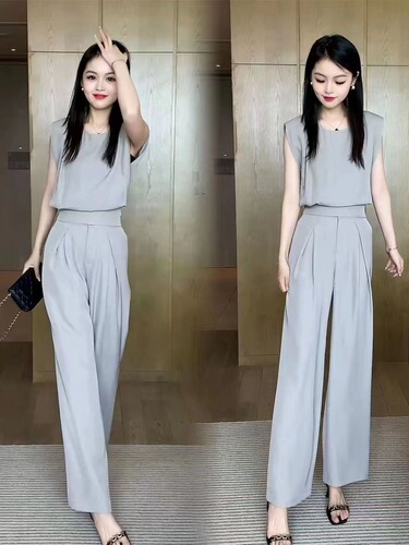 Chic Set for Women 2025 Summer New Trendy Youthful Stylish Loose Hiding Fat Wide Leg Pants Two-Piece Set