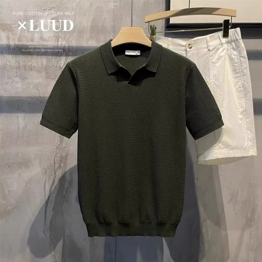 Polo camiseta de punto camiseta de manga corta camiseta hombre gaviota cuello V textural viejo dinero viento hielo seda fábrica transfronteriza al por mayor