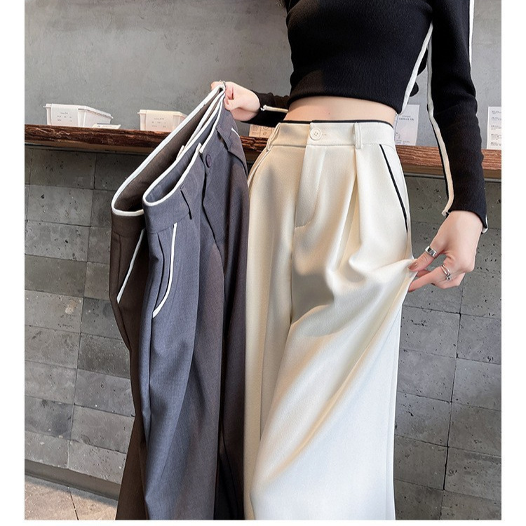 in stock gray suit pants women's high-end sense of pendant autumn new pants high waist wide leg pants casual straight pants