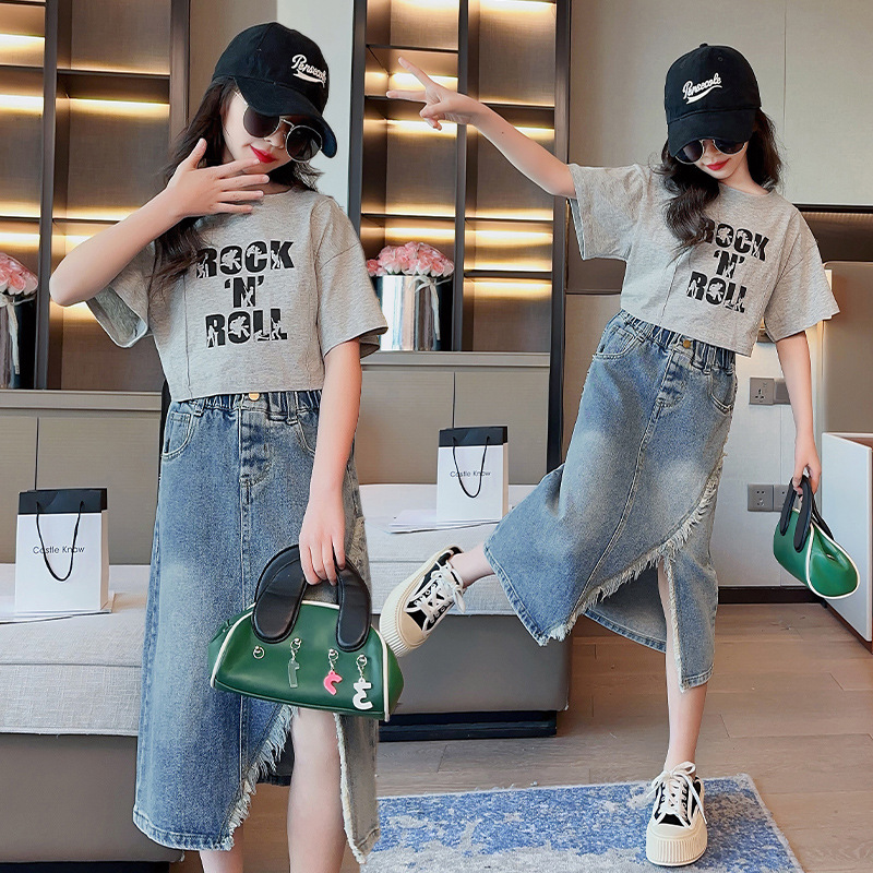 女童夏裝半身裙2024新款時髦女孩童裝韓系大童洋氣兒童牛仔裙套裝