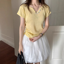 薇颂广州十三行韩系设计感小众收腰短袖针织衫女夏季新款休闲上衣