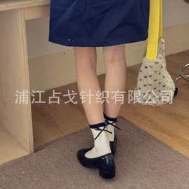 袜蝴蝶结袜子简约拼色无骨袜中筒袜诸暨批发女百搭手工无骨缝头