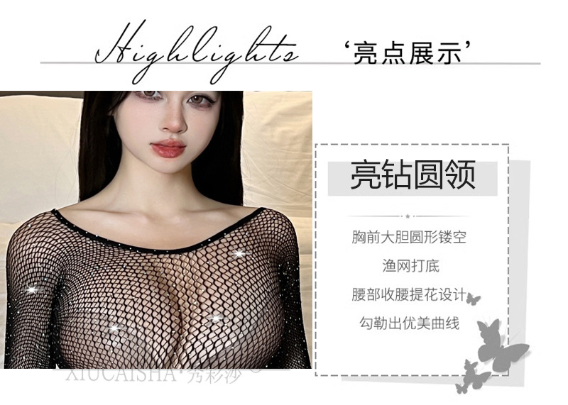 Hollow-Out Crotchless Lace Lingerie Set with Rhinestones, Black Plus Size Mesh Uniform — detail image 6
