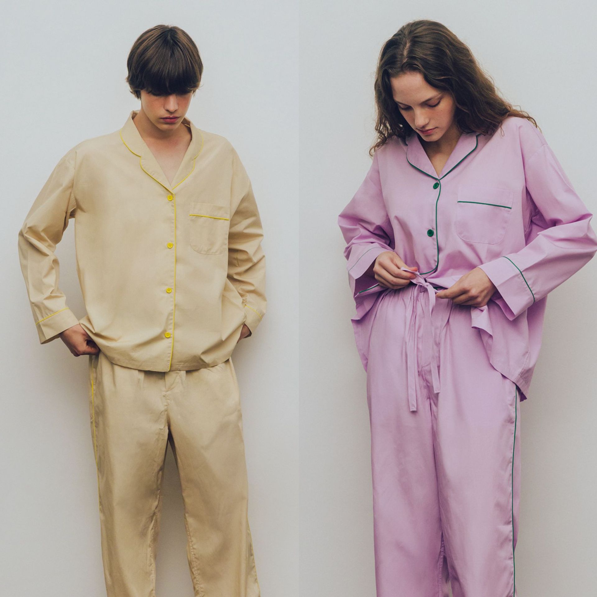 한국 연예인과 같은 종류의 종이 느낌의 고밀도 직조 면 커플 세트 홈웨어 남녀공용 쉘 버튼