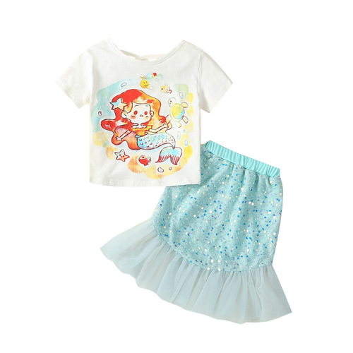 Girls' Summer Costume Cartoon Mermaid T-Shirt with Glitter Fish Tail Skirt Princess Dress Two-Piece Set Foreign Trade Children's Clothing