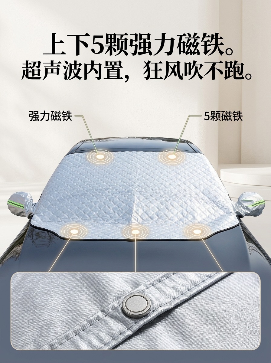 Car snow cover for front windshield, thickened anti-freeze and anti-frost sunshade, universal 5-magnet car cover half cover