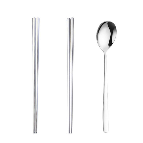 Korean 304 stainless steel spoon chopsticks set household tableware solid flat chopsticks spoon hotel hollow square chopsticks