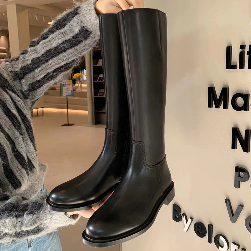 Uva mamá otoño e invierno nuevo europeo y americano simple punta redonda tacón grueso cremallera lateral moda botas altas mujeres Caballero botas