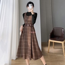 背带连衣裙女装秋冬2025新款小个子法式复古毛呢格子套装冬裙