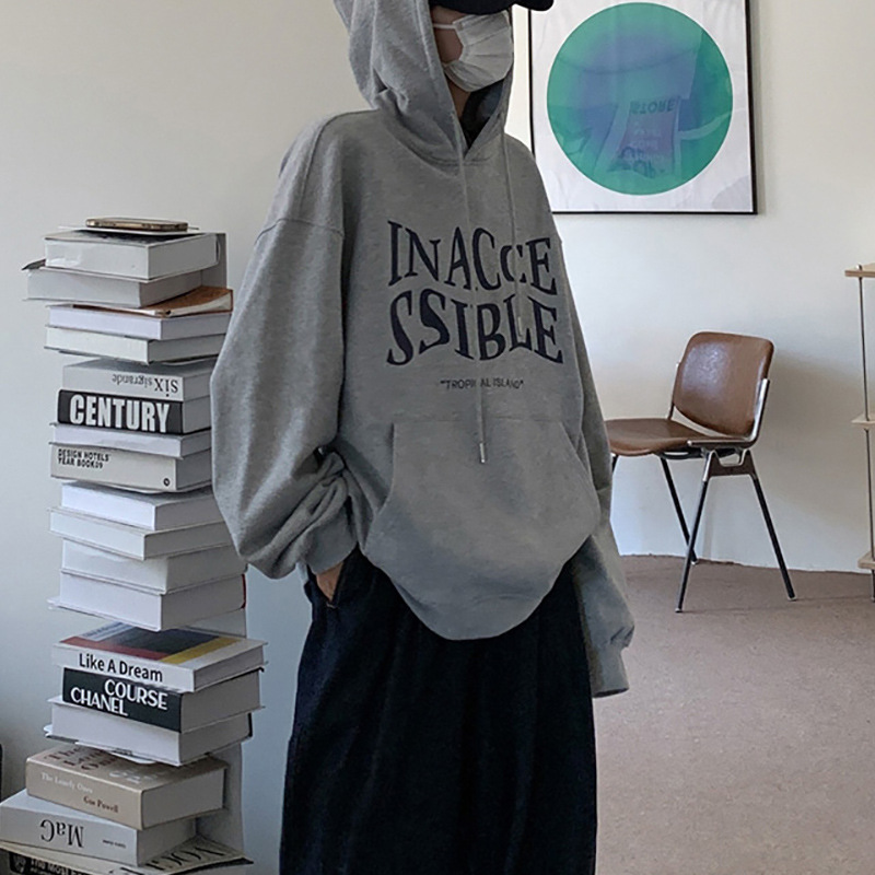 Sudadera con capucha de cinco paneles con estampado de cangrejo y forro polar para mujer, chaqueta holgada de moda coreana con estampado de letras para otoño e invierno, top de manga larga para estudiantes.