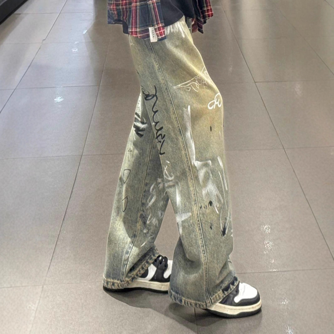 Jeans da uomo vintage graffiti larghi e dritti, stile old school, lavaggio fangoso, con patta e bottoni, in misto cotone non elasticizzato, dalla taglia S alla XXXL_voghion.com