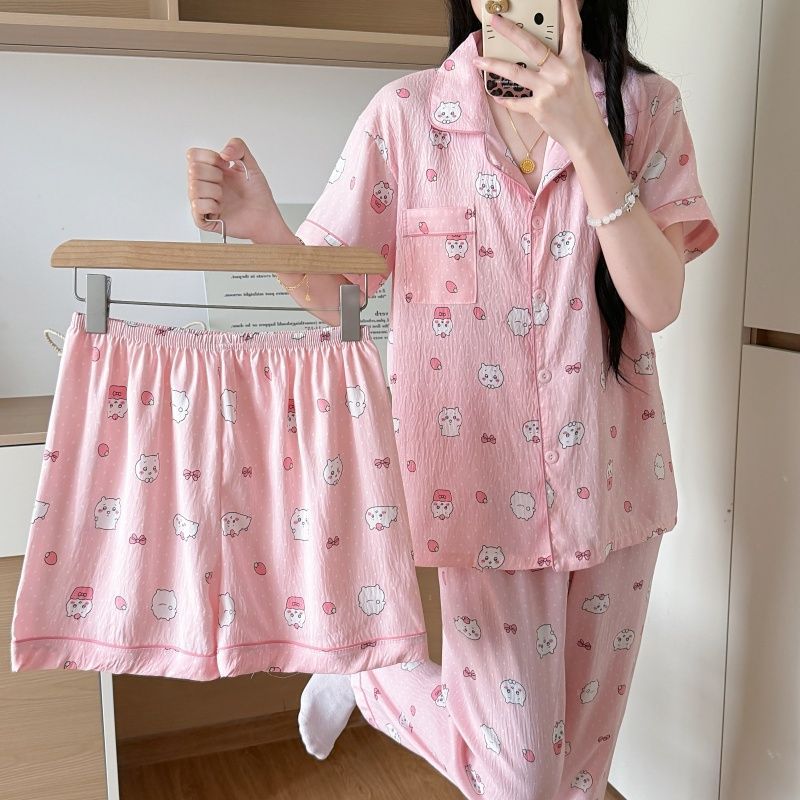 Nube de algodón de tres piezas nuevo pijama de mujer adorable con solapa de manga corta pantalones cortos pantalones largos set de ropa para el hogar