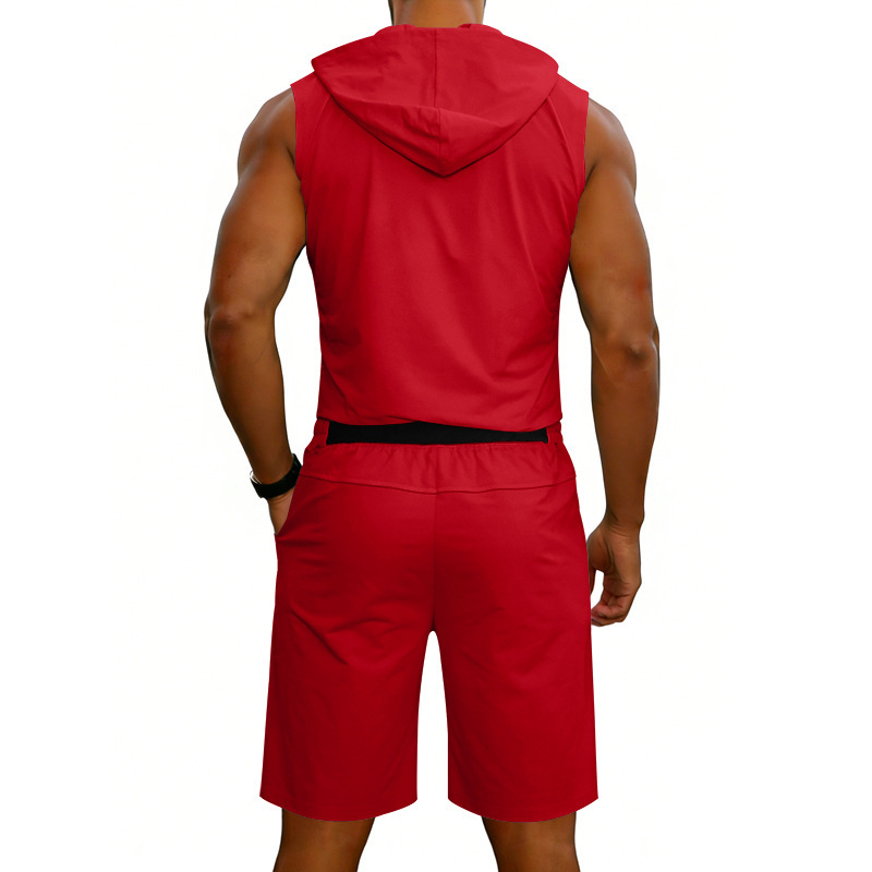 Men's Zip-Front Sleeveless Hoodie And Shorts Set Lightweight Athletic Gym Wear for Summer Workouts And Casual Street Style_viptrois.com