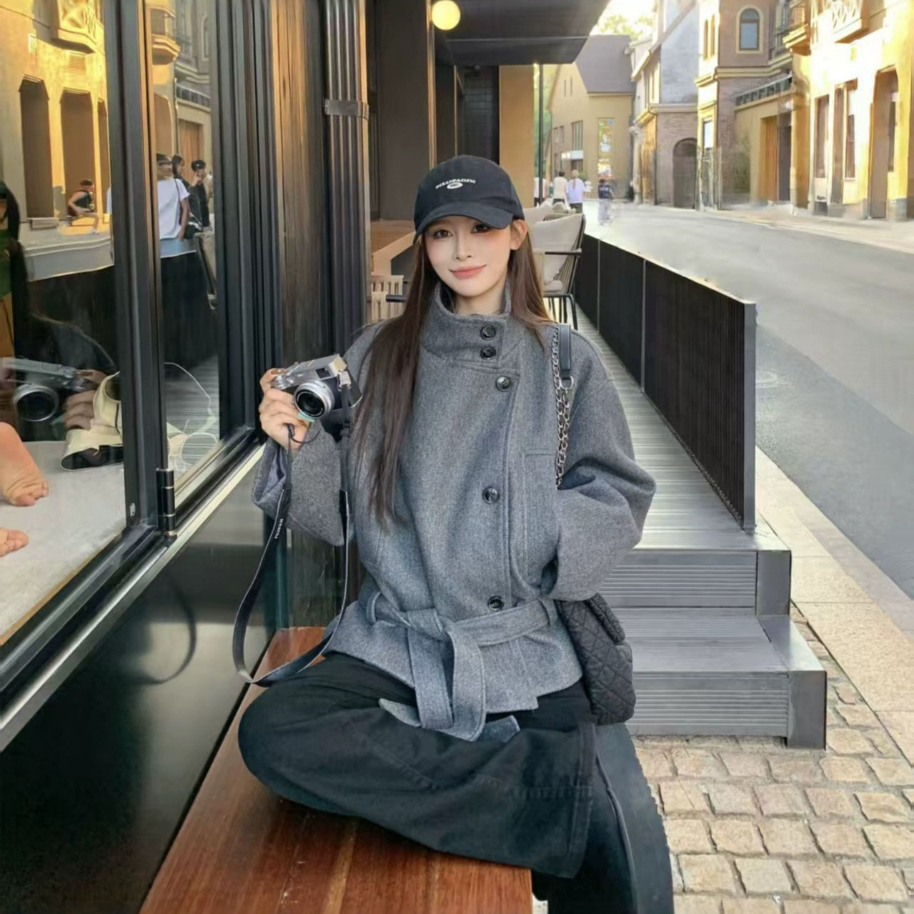 2025 Winter New Style High-End Versatile Elegant Waist-Cinching Coat Korean Style Gray Stand-Up Collar Short Woolen Coat for Women