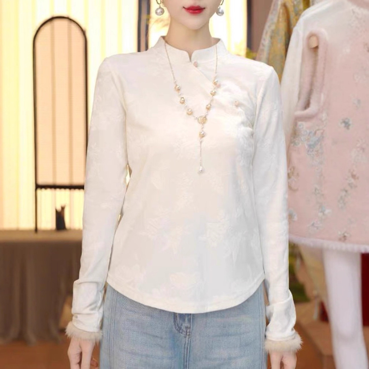 秋冬季新款国风新中式打底衫保暖提花百搭拼接衬衫