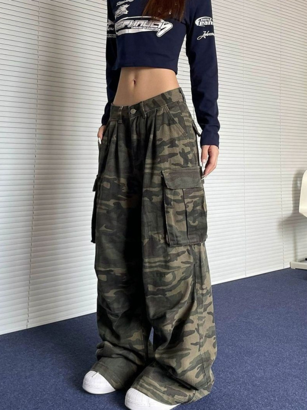 【韩牛】美式高街工装阔腿迷彩牛仔裤女小个子垂感复古高腰宽松|undefined