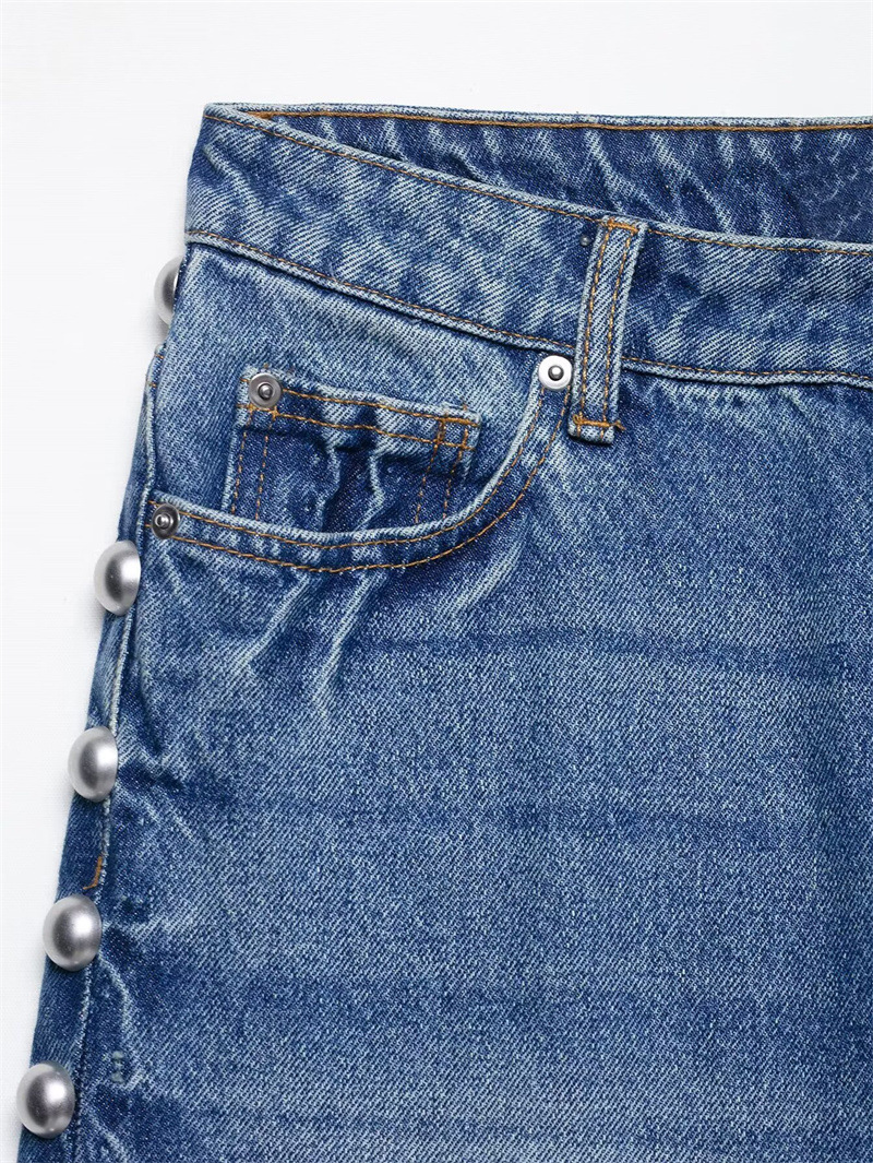 High-waisted Straight Jeans With Metal Rivets For Women_voghion.com