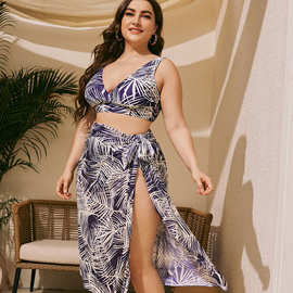 欧美外贸亚马逊跨境大码三件套泳装 树叶印花聚拢高腰外贸泳衣女