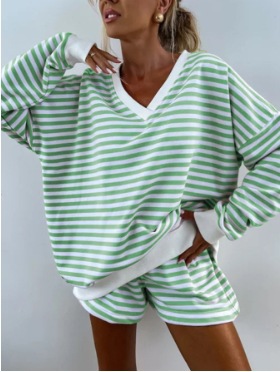 Summer New Women's Casual Striped Long Sleeve V-Neck Loose Top Sports Shorts 2-Piece Set For Women_ecoleips.com