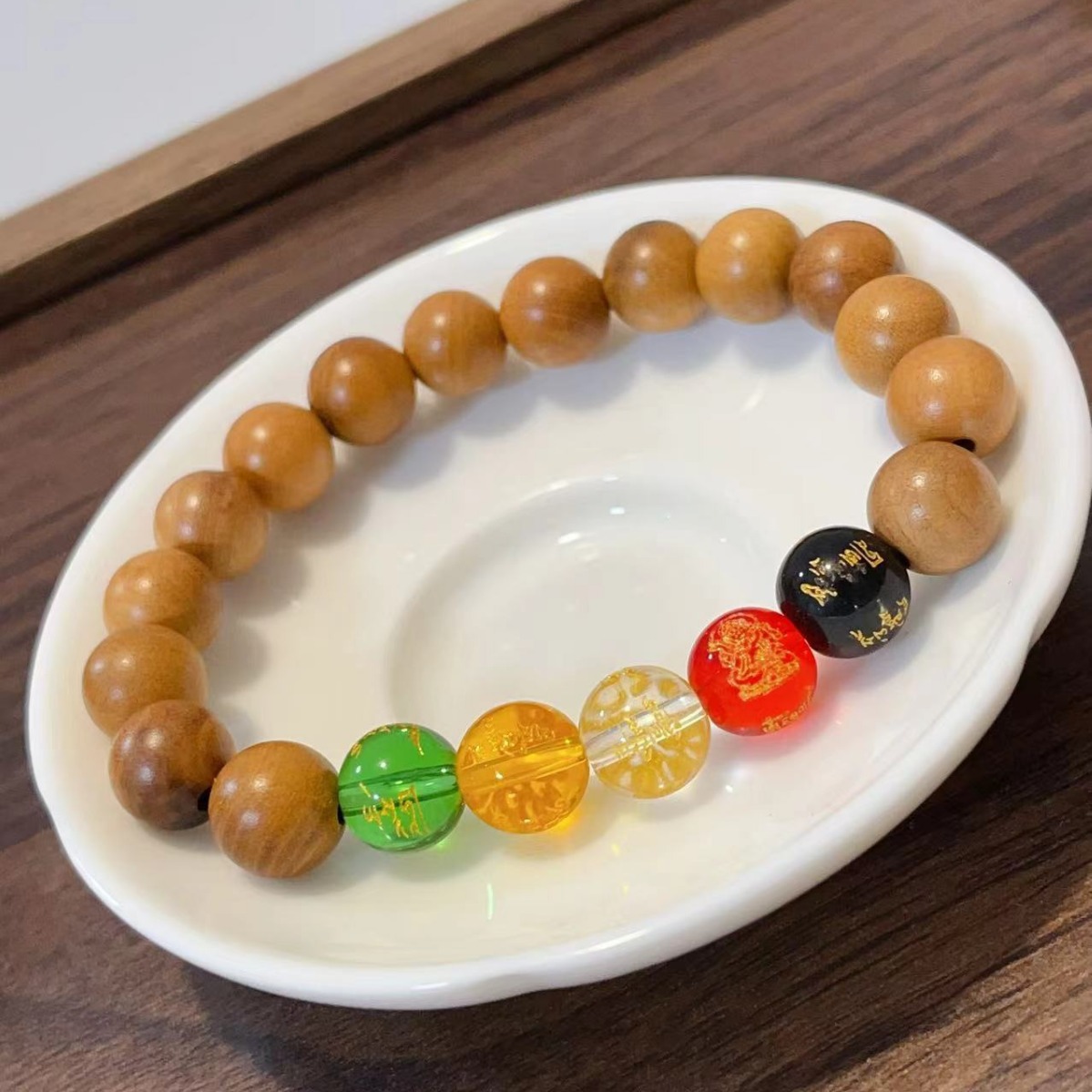 Old Peach Wood Five-Way God of Wealth Bracelet Wooden Bracelet Women's Safe Good Luck Beads Agate Men's Buddha Beads Plate Playing Five Elements