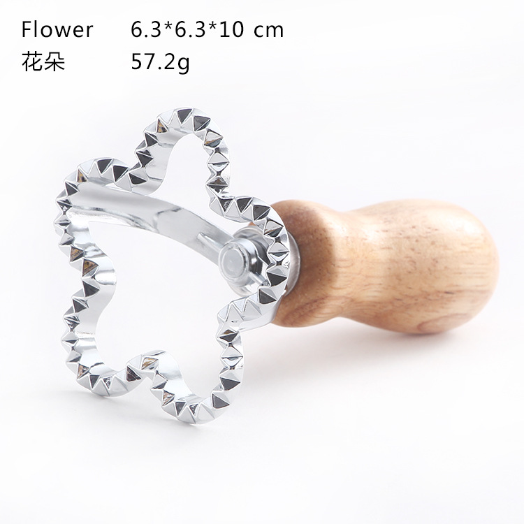 Dumpling encaje impresión aleación de zinc molde de galletas dumpling lado de la piel flor en relieve molde de galletas mango de madera rueda de cortador de pastel