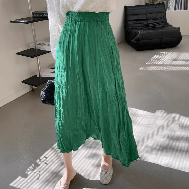 2025 New Cotton Pleated Skirt Loose Casual Frated Slim Mid-length Skirt Large Swing A- line Umbrella Skirt