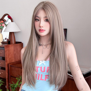 Cross-border Wig Women's Long Straight Hair Pink Purple Mid-split Head Cover Chemical Fiber Artificial Head Wig High Temperature Silk Long Straight Hair