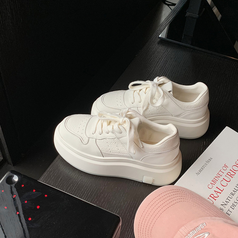 Cowhide~Grape Ma Same Style 8.5cm Height-Increasing Crackle Pattern Versatile Comfortable Thick-Soled Casual Sneakers Women's White Shoes