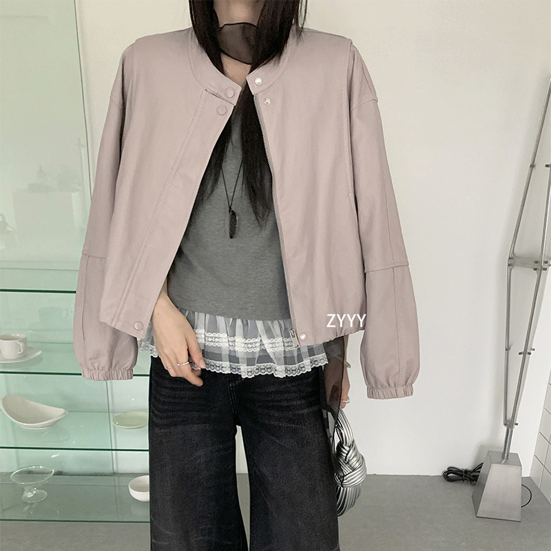 Korean Style Short Leather Jacket for Women, Spring 2026, Round Neck, Versatile, Simple, No-Wash Metallic Leather Jacket Korean Style Short Leather Jacket for Women, Spring 2026, Round Neck, Versatile, Simple, No-Wash Metallic Leather Jacket