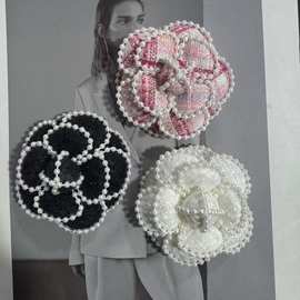 新款6.6cm高端流行小香风粗花尼加珍珠山茶花饰品胸花加高档胸针