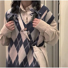 女生长袖衬衫两件穿外穿韩版马甲背心针织叠毛衣菱格春秋复古套装