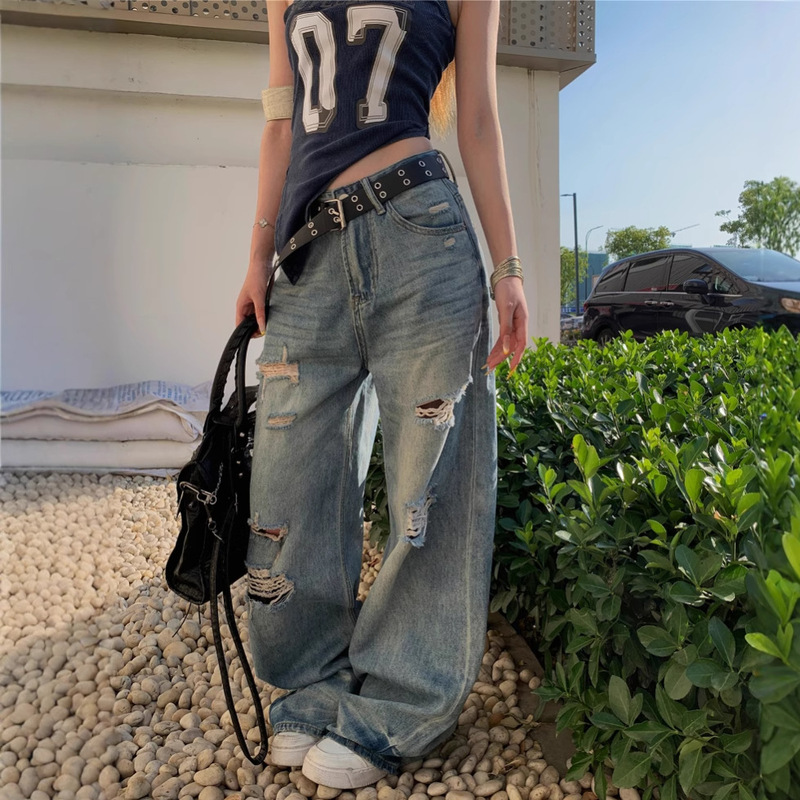 リアルショット！アメリカンレトロホットガールオフショルダーベストトップ女性用ハイストリートリップドジーンズルーズワイドレッグフロアレングスパンツ|undefined