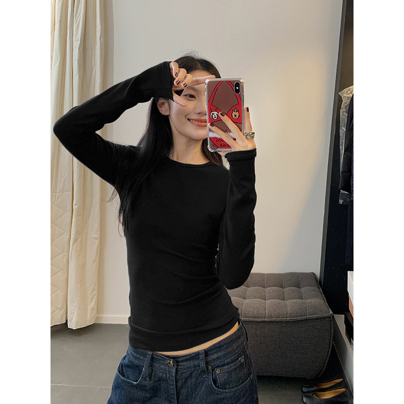 辣妹正肩上衣2025秋冬新款纯色掐腰显身材百搭长袖T恤女装打底衫|undefined