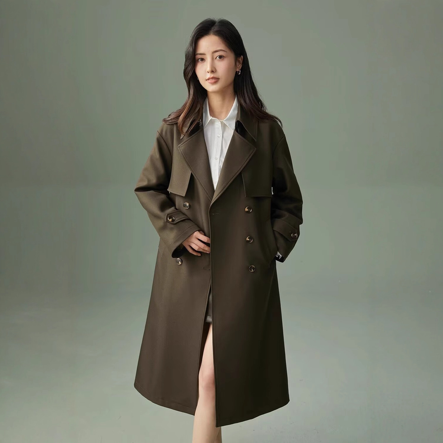 2025 Spring New Double-Breasted Korean Style Trench Coat, Unisex, Mid-Length, Loose Fit, Belted, Hong Kong Style Outerwear, Trendy and Unisex