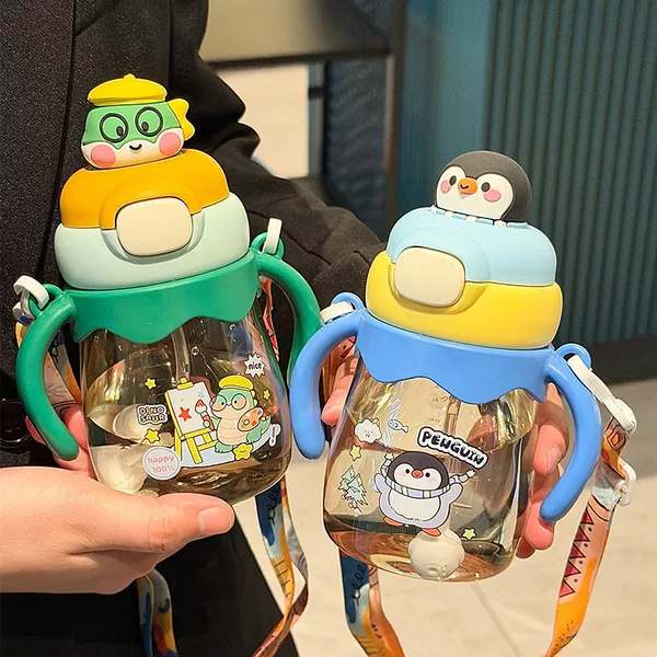 New Children's Straw Cup with Handle and Strap, Dual-Purpose Water Cup, Learning Drinking Cup, Kindergarten Drinking Bottle
