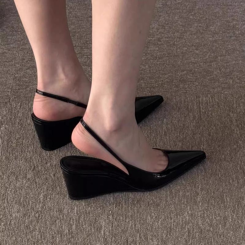 Niche High-End Black Closed-Toe Sandals for Women, 2025 Summer New Style, Elegant Pointed-Toe High Heels, Backless Wedge Heels