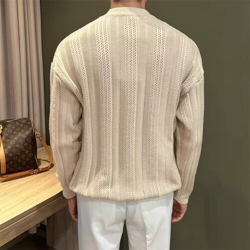 Trendy punk handsome relaxed sense of micro-hollow art design twisted flower solid color comfortable crew neck long sleeve knit sweater for men