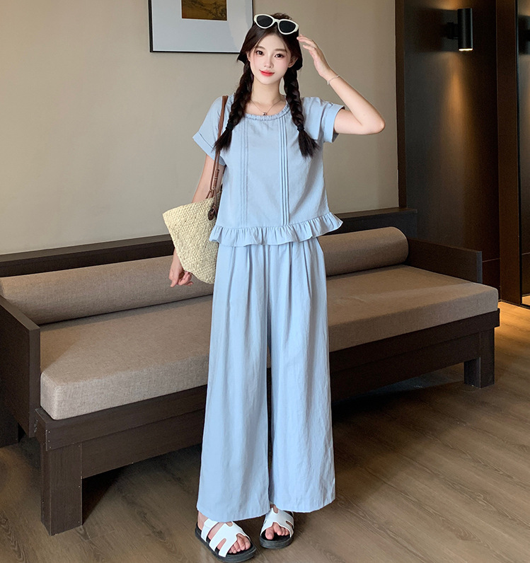 2025夏装新款胖mm大码女甜美减龄飞飞袖木耳边短袖阔腿裤套装|undefined