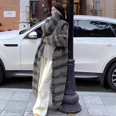 法式艺术范复古撞色条纹氛围感连帽针织衫女秋冬气质长款开衫毛衣